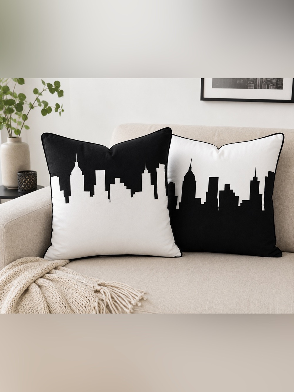 Set of 2 Alamode Home NYC Skyline Decorative Throw Pillow Covers B/W 24X24